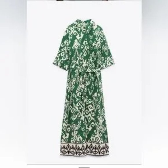 Zara Belted Printed Green Short Sleeves Button Front Midi Shirt Dress Size S - Picture 7 of 10